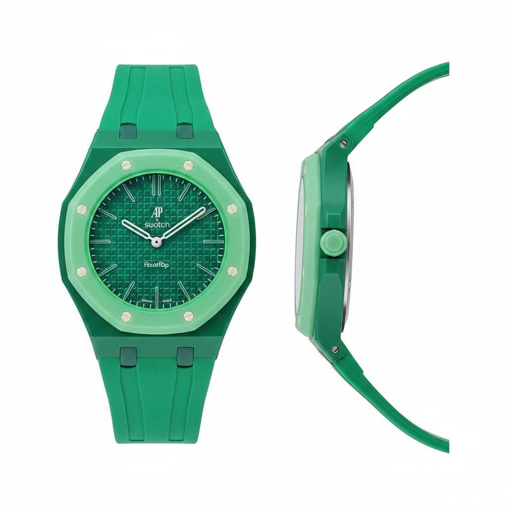 Unisex all-green monochrome octagonal pop watch with waffle dial and cream screws, front and side view