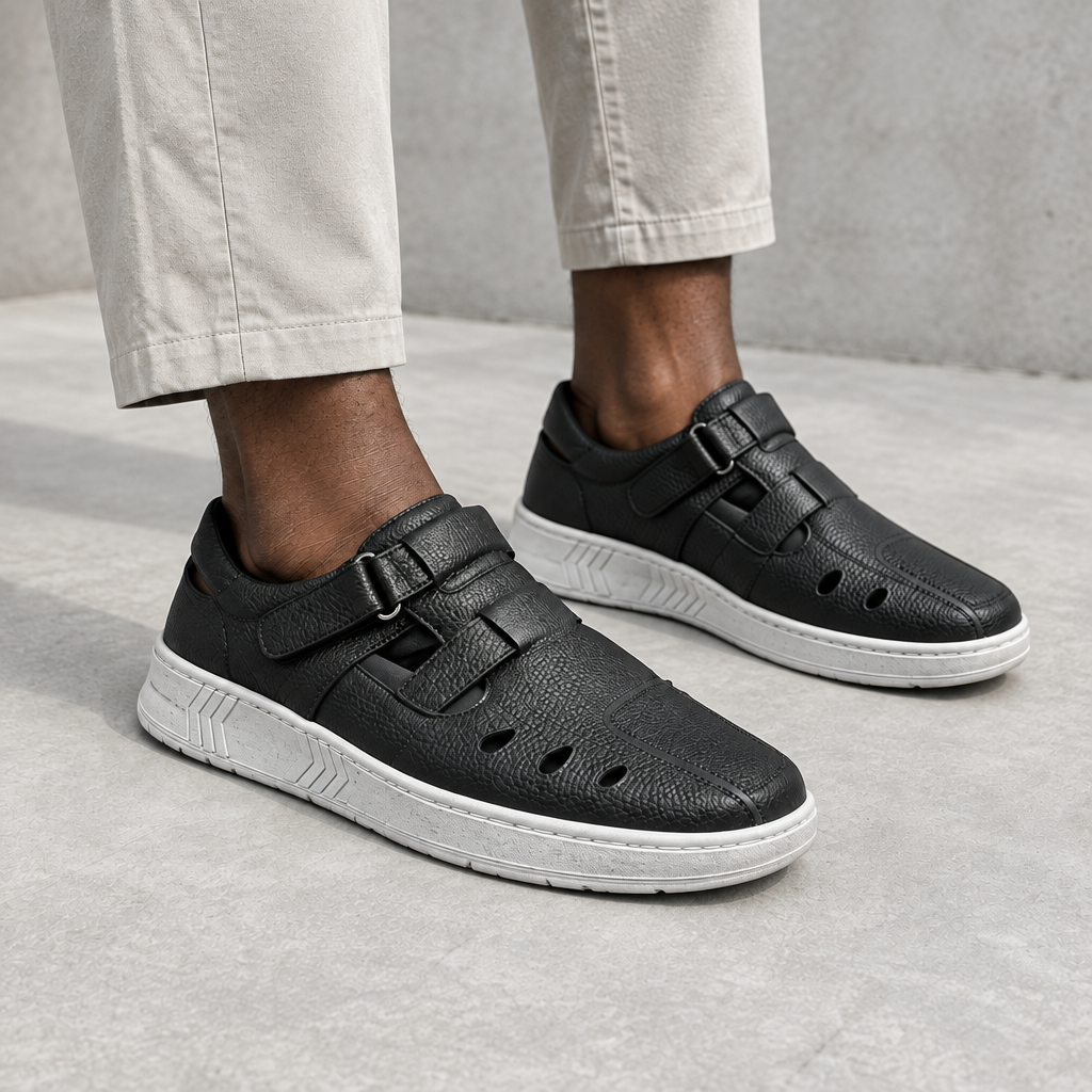 Black perforated strap shoes with white soles, worn on both feet