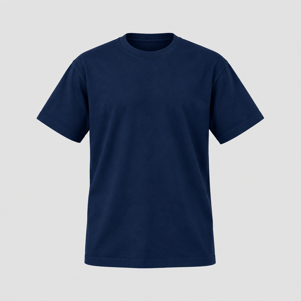 Plain navy crew-neck T-shirt ghost mannequin front view