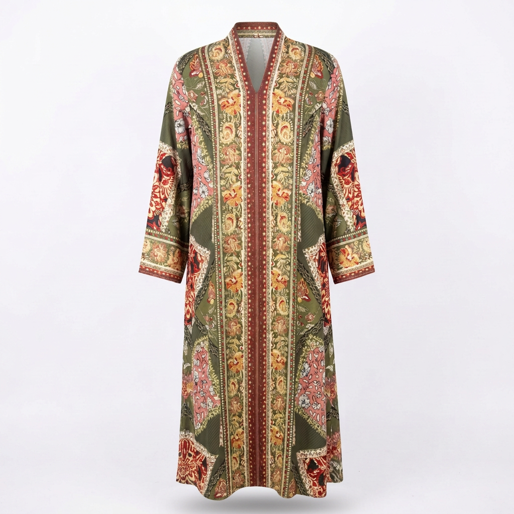 Olive ornate-print long-sleeve abaya on an invisible mannequin