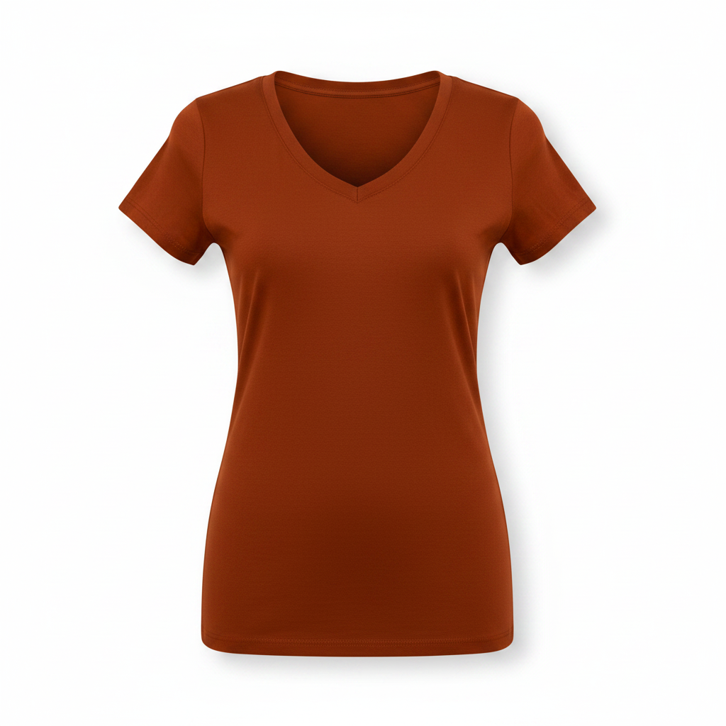 Women's V-neck fitted tee - dark orange ghost mannequin