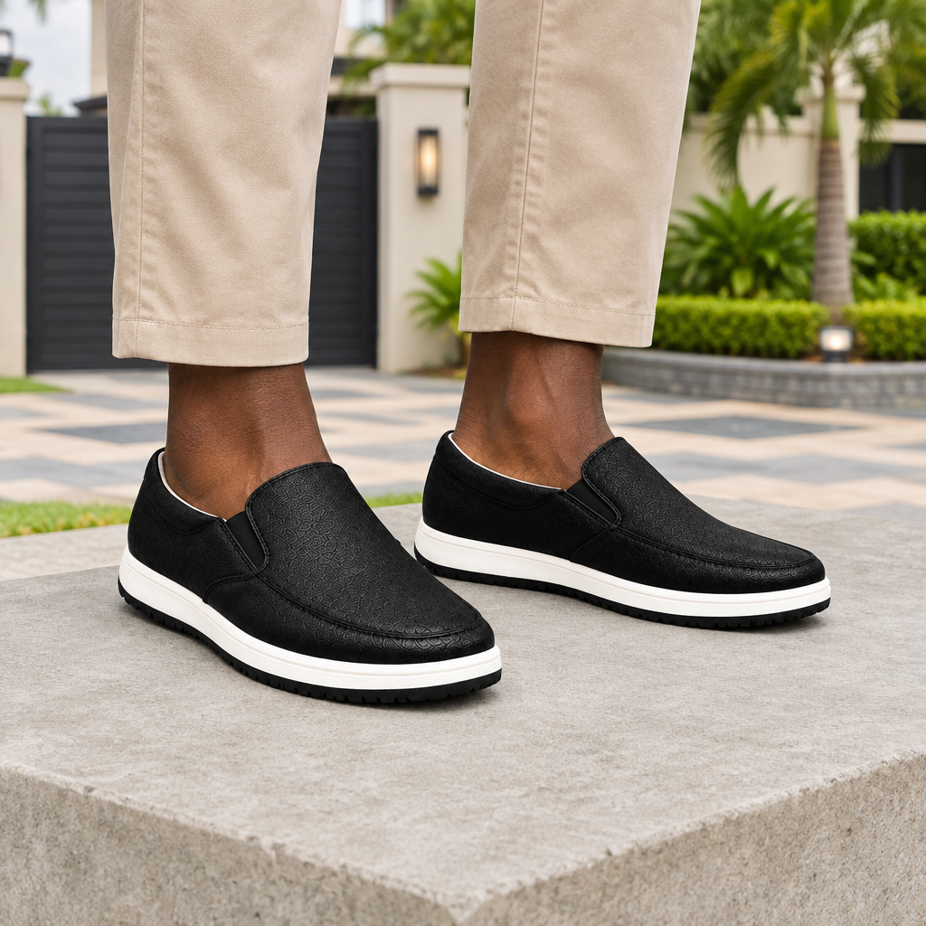Man wearing black embossed slip-on sneakers with beige chinos