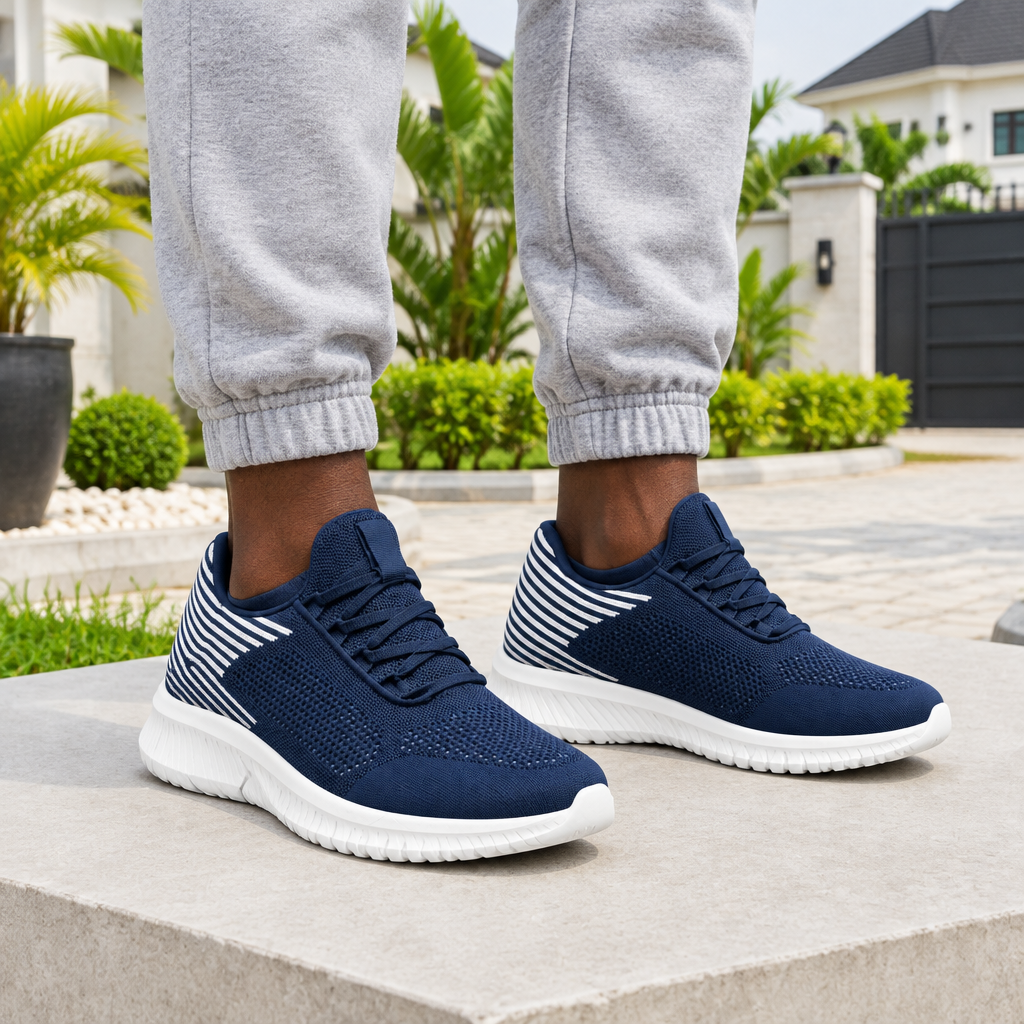 Man wearing navy knit sneakers with grey joggers