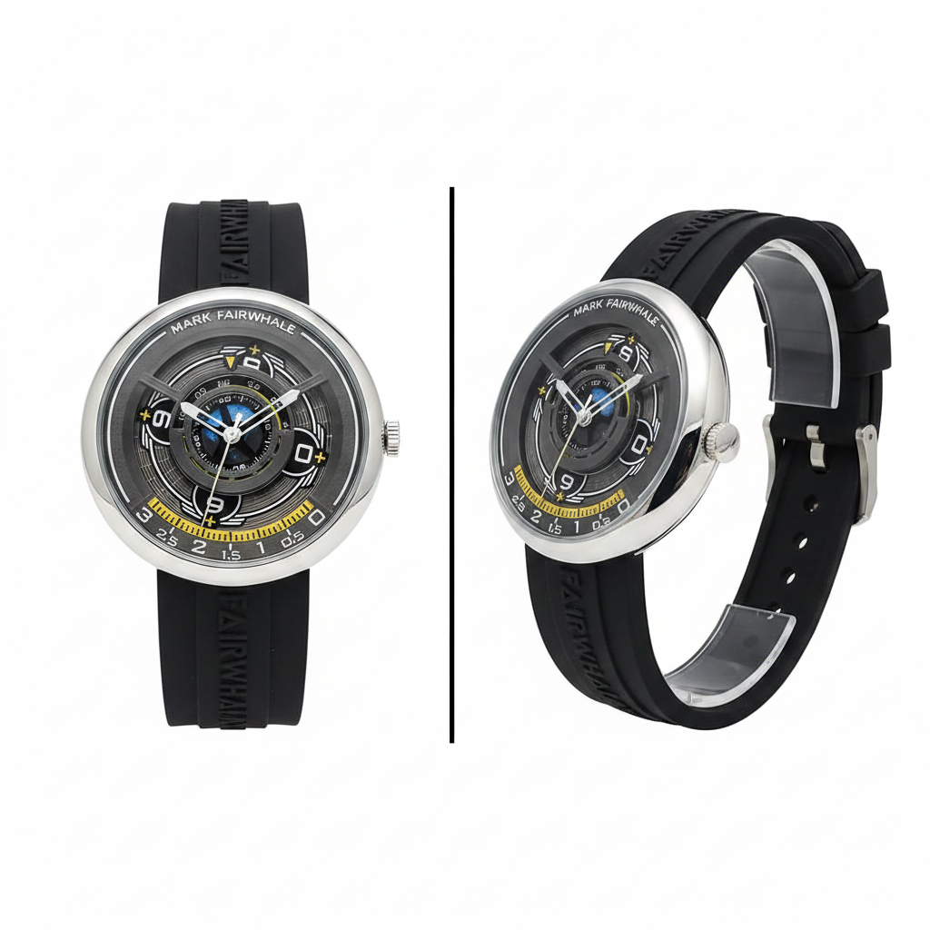 Futuristic tech dial designer watch with black silicone strap, front and side view on white background