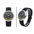 Futuristic tech dial designer watch with black silicone strap, front and side view on white background