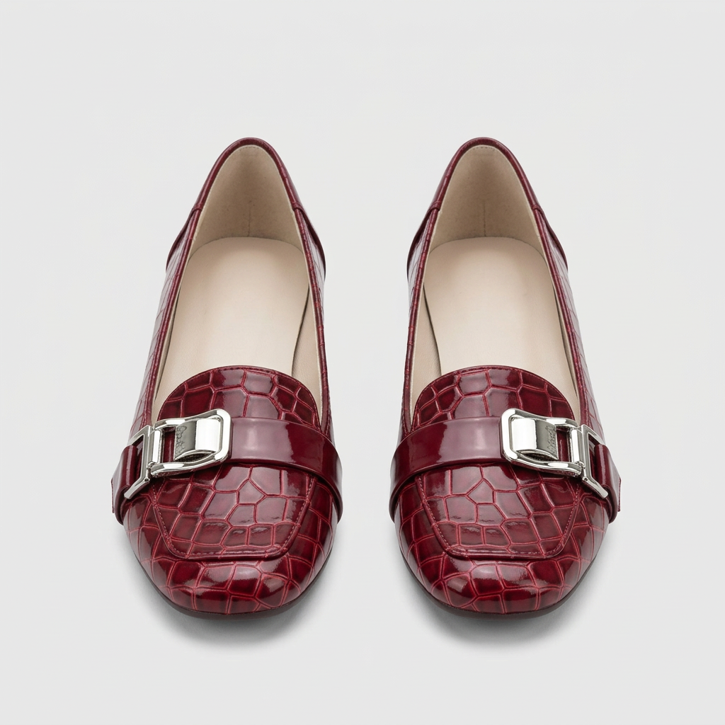 Women's burgundy croc-texture buckle loafer flats, front view