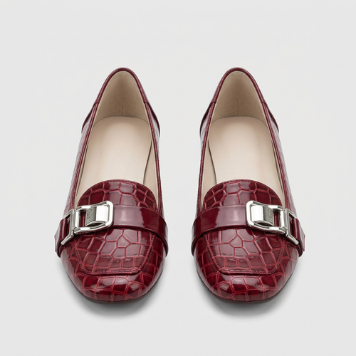 Women's burgundy croc-texture buckle loafer flats, front view