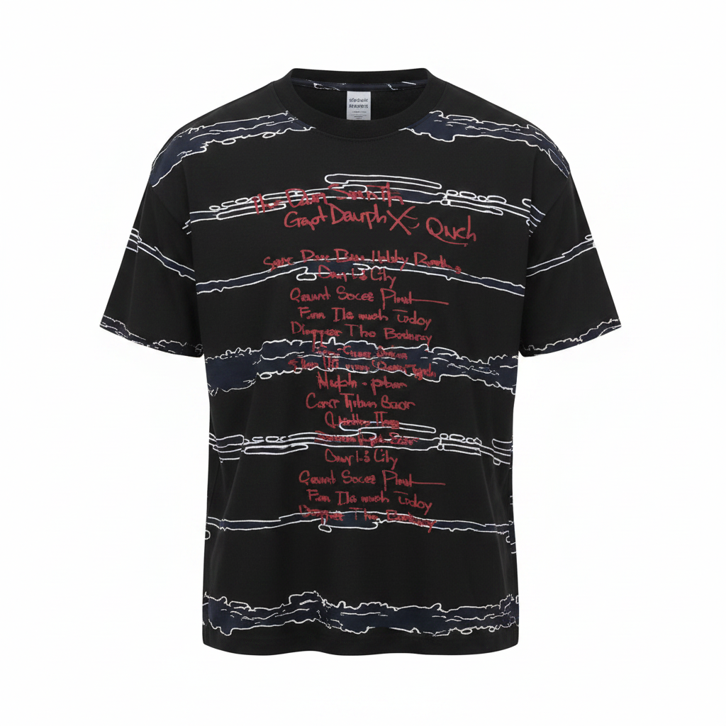 Men's black graffiti script stripe print shirt ghost mannequin front view