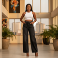 Black Drawstring High-Waist Wide-Leg Denim Jeans - Model Shot