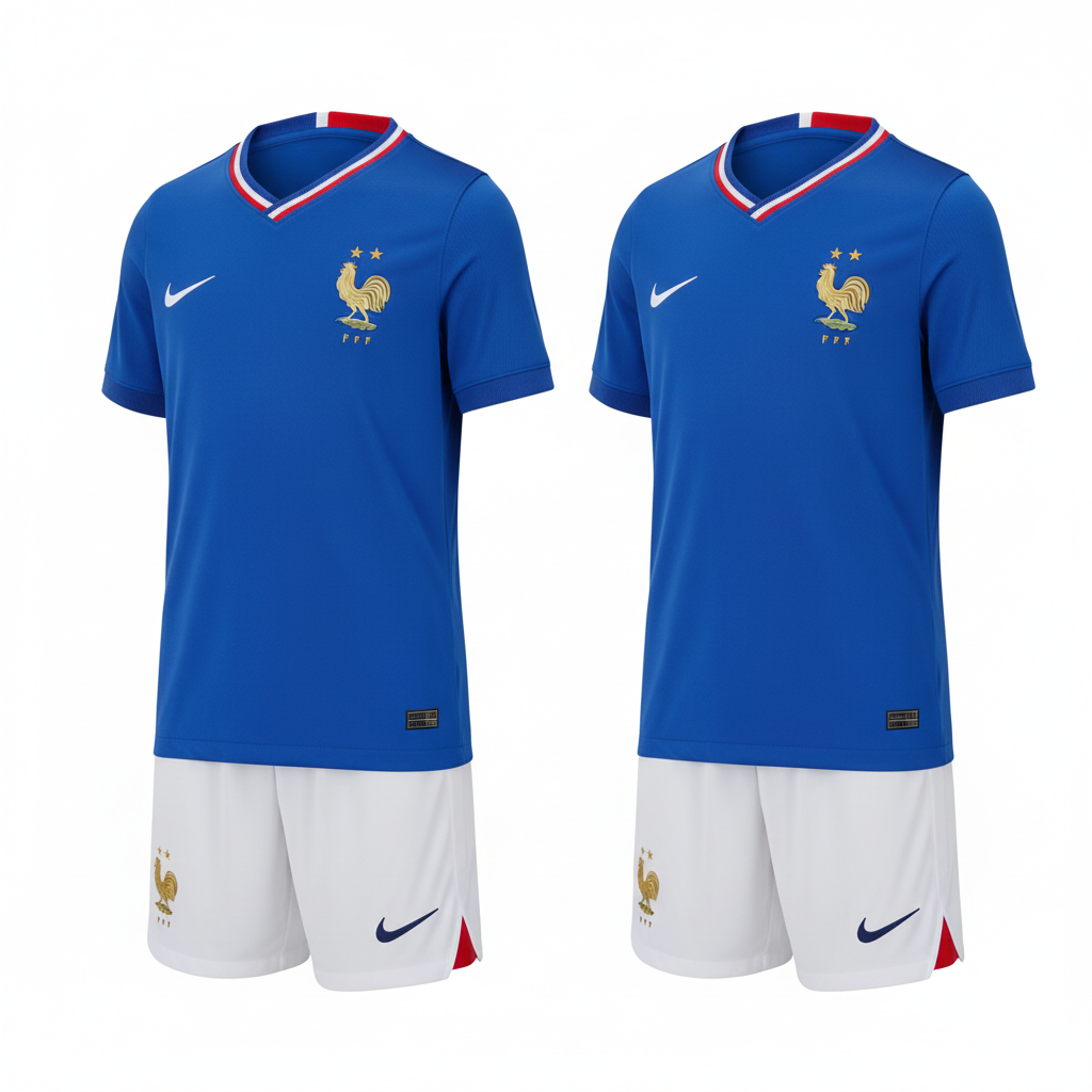 Kids royal blue football jersey and white shorts set ghost mannequin front and side view