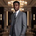 Young Nigerian male model wearing De Jossy Classic Grey 3-Piece Suit