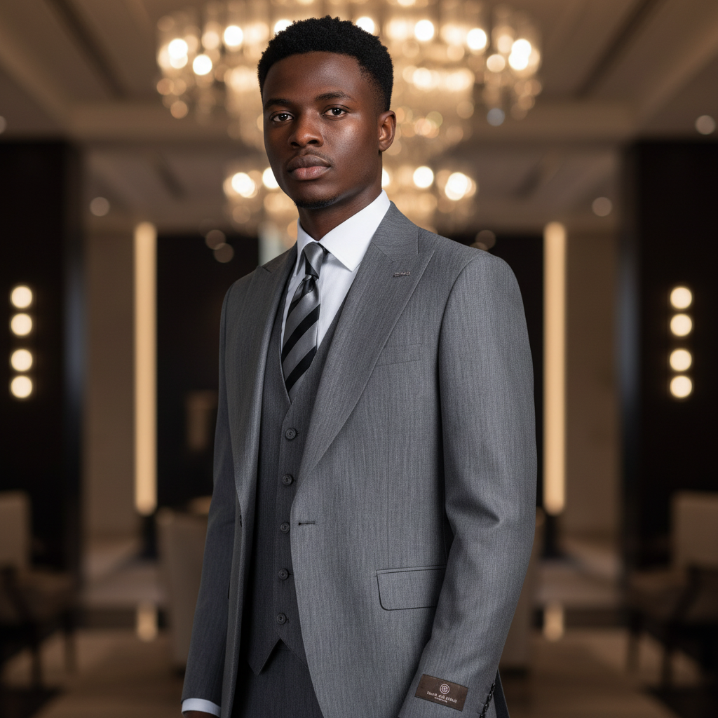 Young Nigerian male model wearing De Jossy Classic Grey 3-Piece Suit