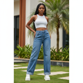 Women's blue wide-leg jeans with double rhinestone side seam stripe — Nigerian female model lifestyle shot