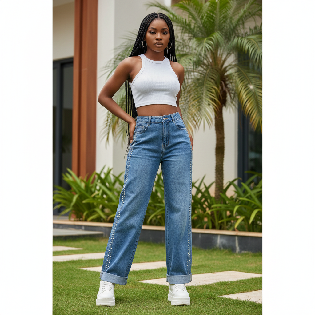 Women's blue wide-leg jeans with double rhinestone side seam stripe — Nigerian female model lifestyle shot
