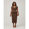 Brown Chain-Belt Peplum Midi Dress - Front Model