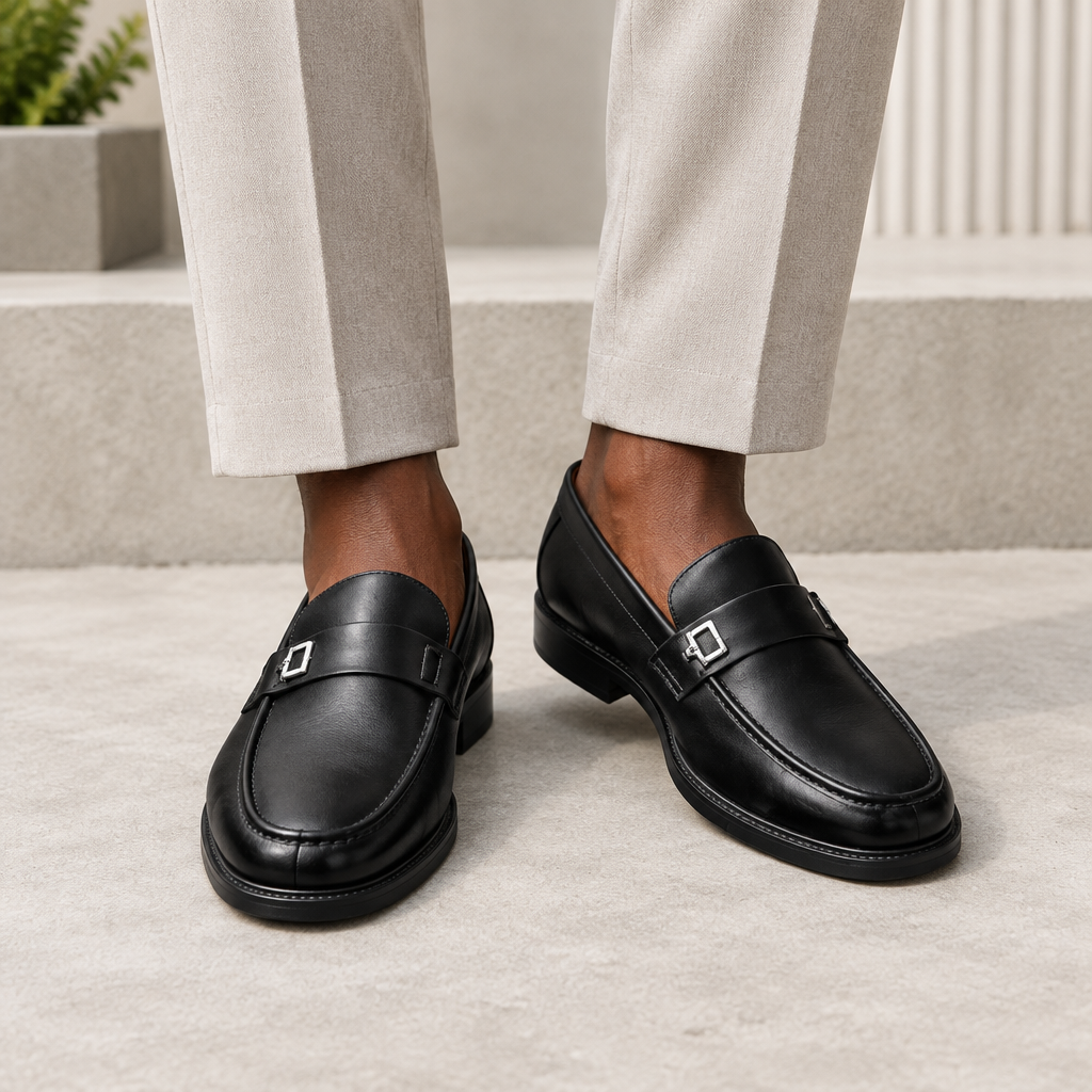 Black model wearing black men's square-buckle loafers