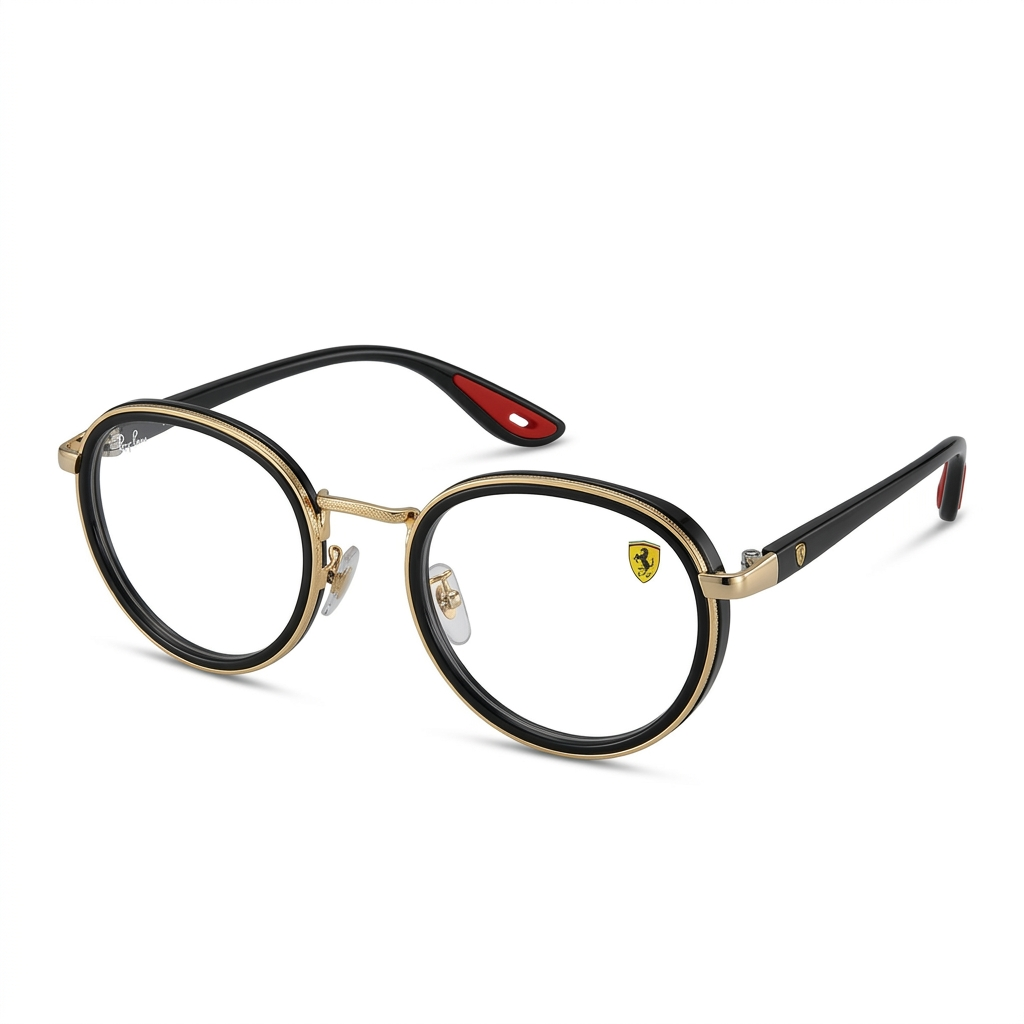 Black rounded clear-lens eyeglasses with gold-tone edging and red temple tips