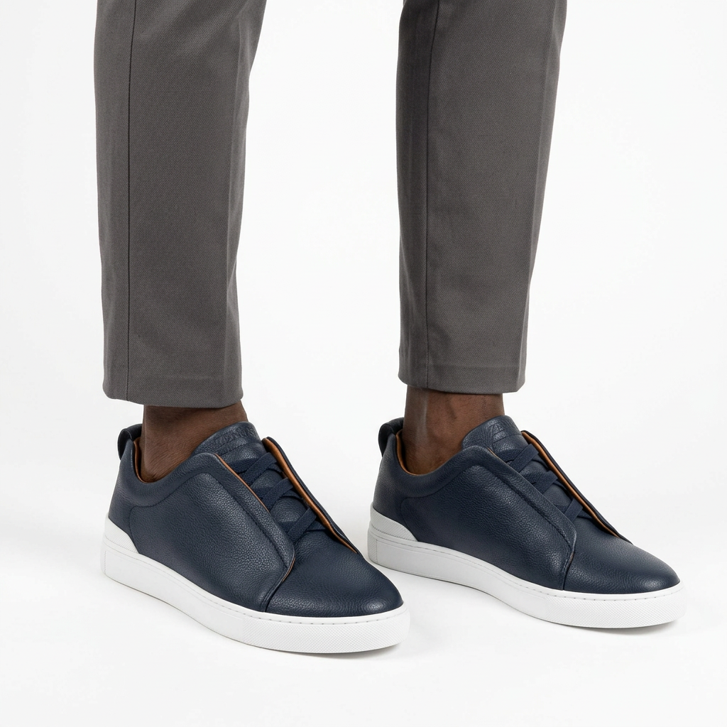 Model wearing men's navy textured lace-up sneakers with white soles