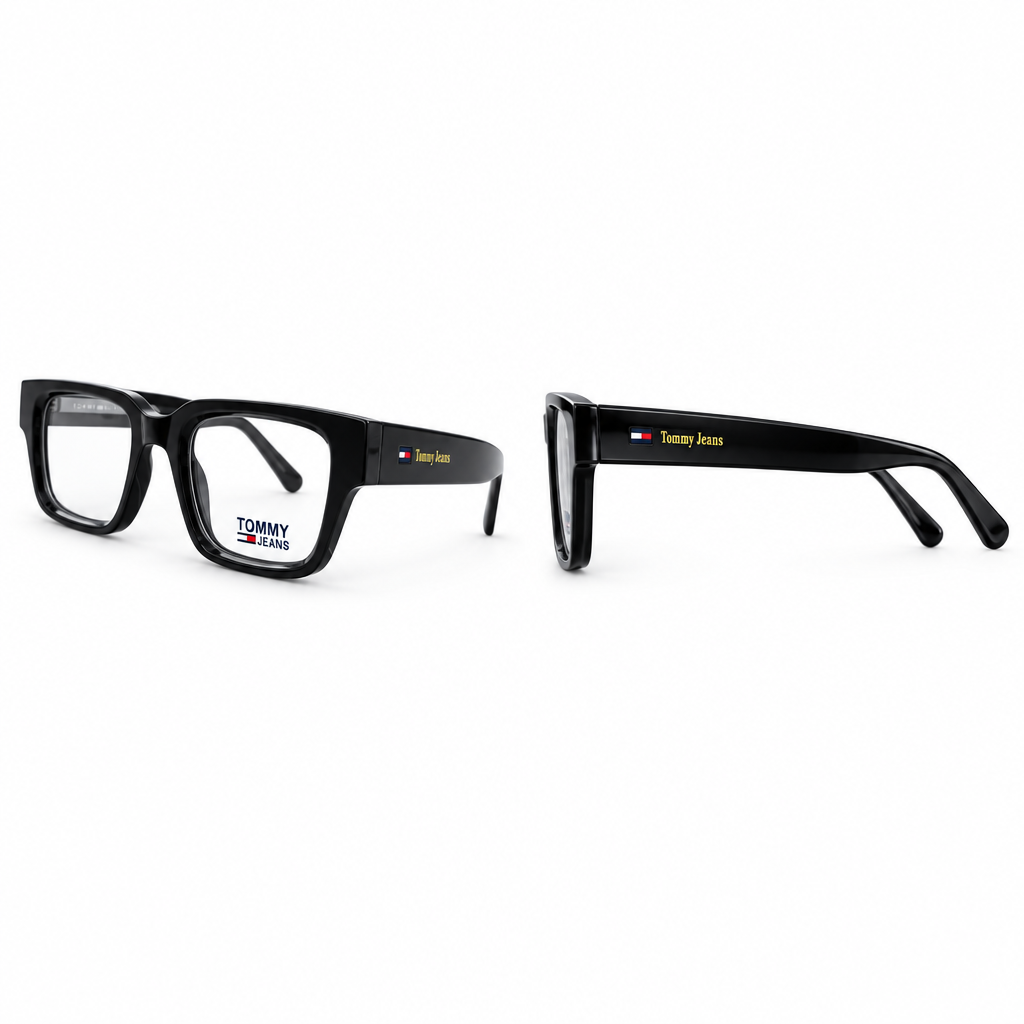 Black rectangular clear-lens eyeglasses in front and side views
