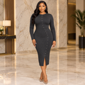 Charcoal Stud-Detail Bodycon Midi Dress – Model Shot