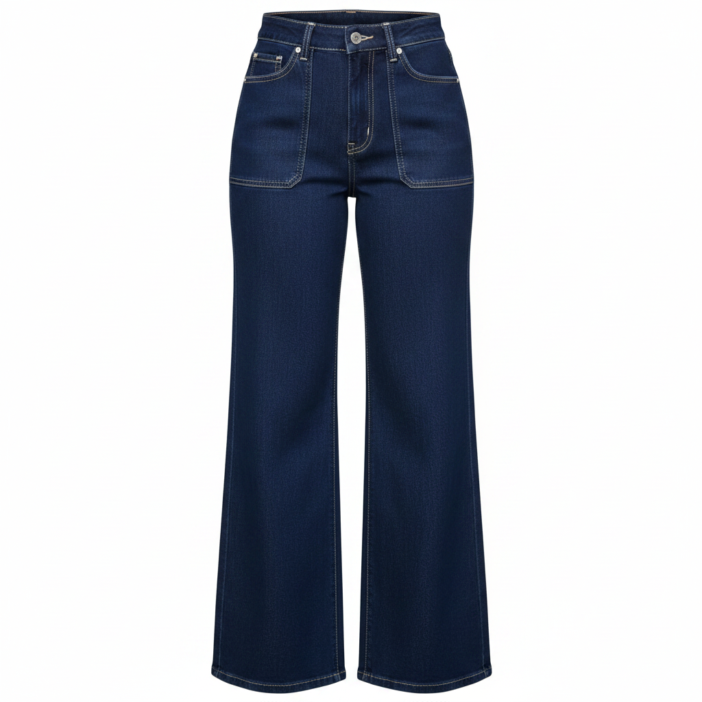 Women's navy blue high-waist wide-leg patch pocket denim jeans on ghost mannequin, white background