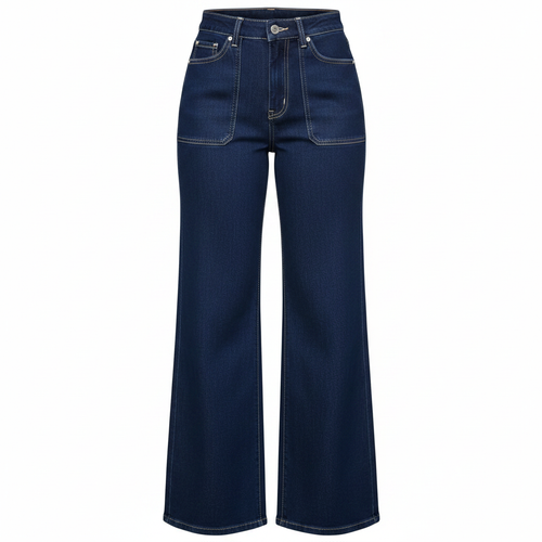 Women's navy blue high-waist wide-leg patch pocket denim jeans on ghost mannequin, white background