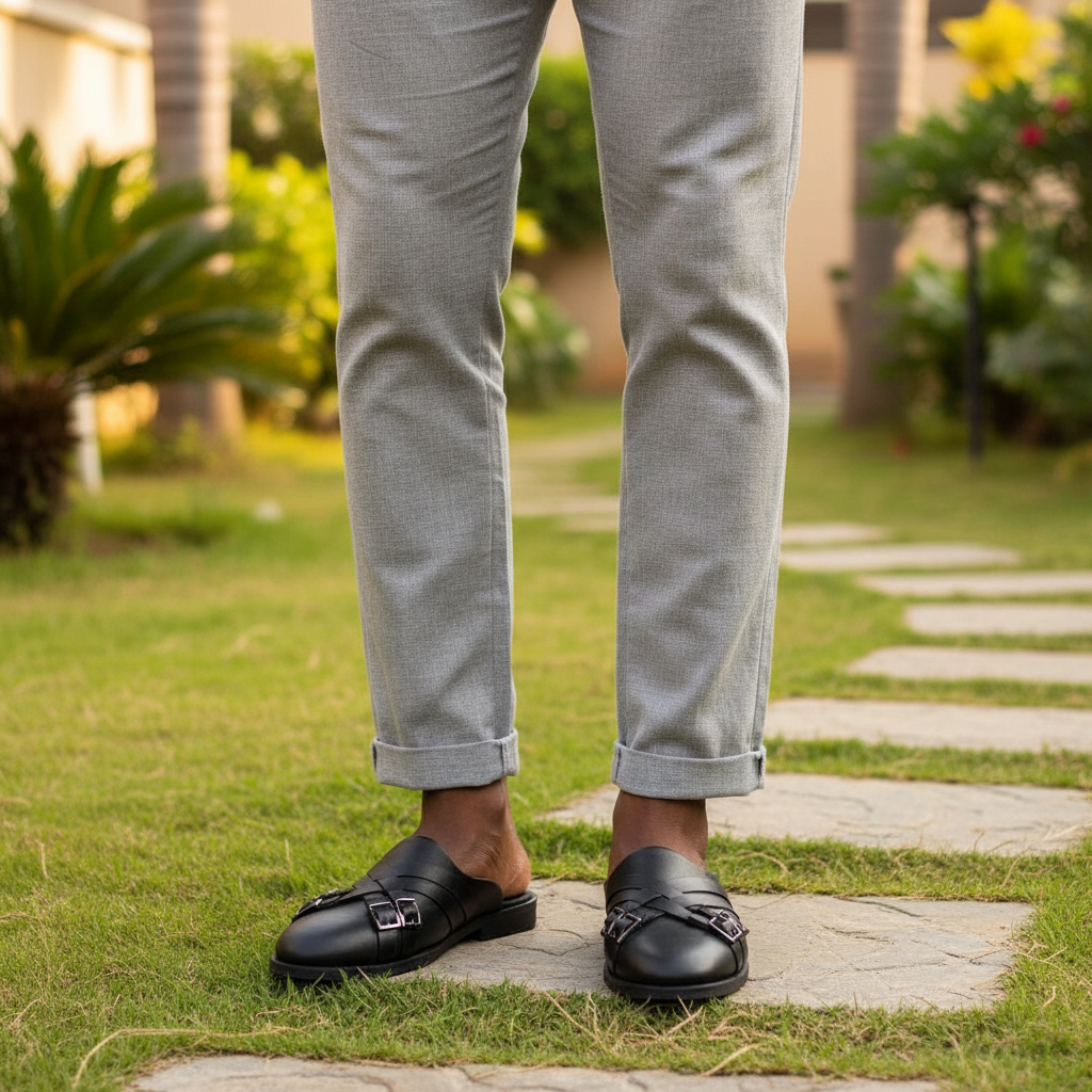 Nigerian male model wearing black woven double-buckle mule shoes leg focus shot