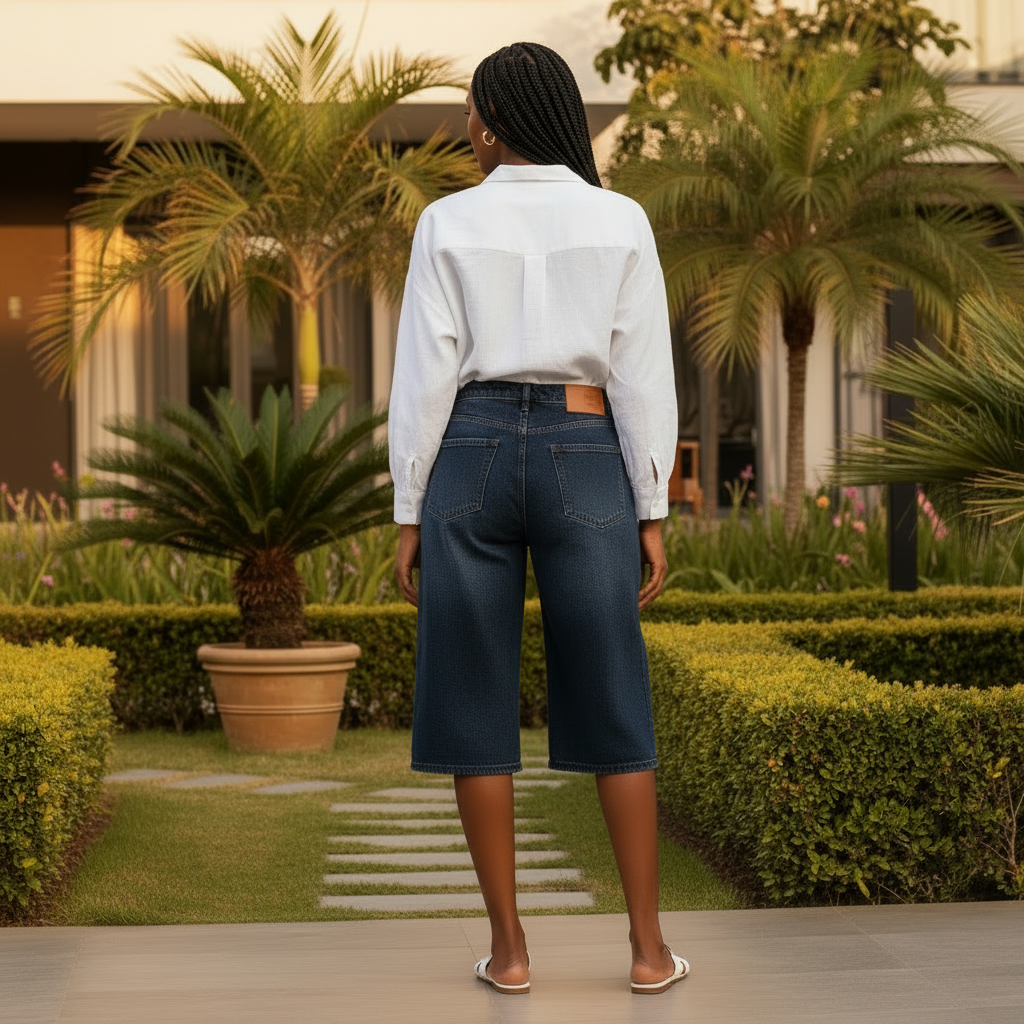 Dark Indigo Denim Bermuda Shorts - Back Model View