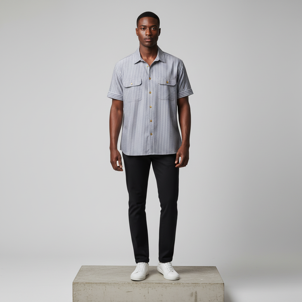Grey White Pinstripe Short-Sleeved Shirt - Model Shot