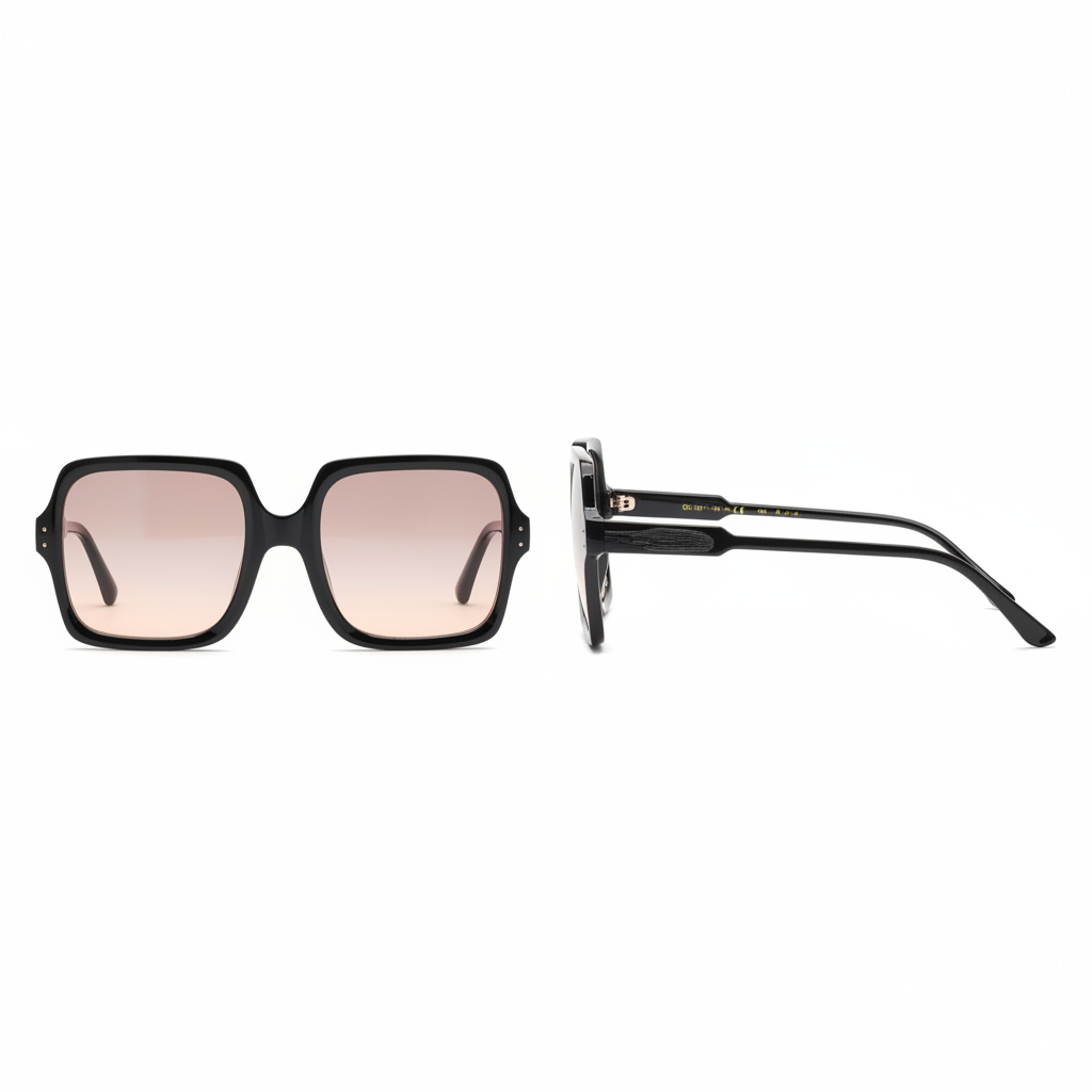 Women's Black Oversized Square Sunglasses with Pink Gradient Lens – Ghost Mannequin Front and Side View