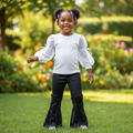 Girls White Puff Sleeve Top & Rhinestone Flare Pants Set - Model Shot