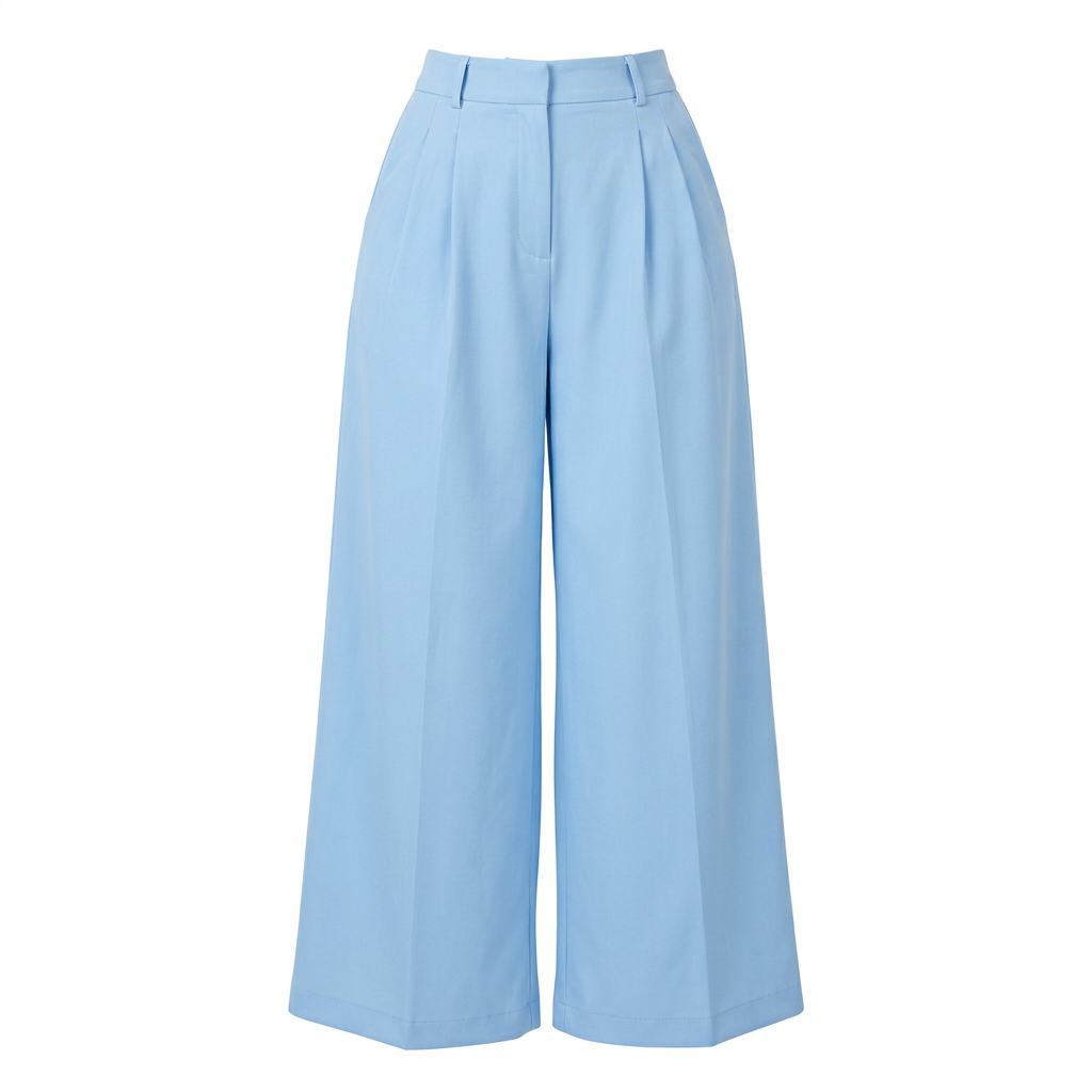 Light-blue pleated high-waisted wide-leg trousers on an invisible mannequin
