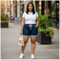 Dark Navy Drawstring Cuffed Denim Shorts - Model Shot