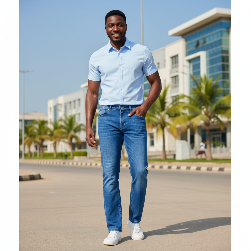 Nigerian model wearing blue straight-leg denim jeans