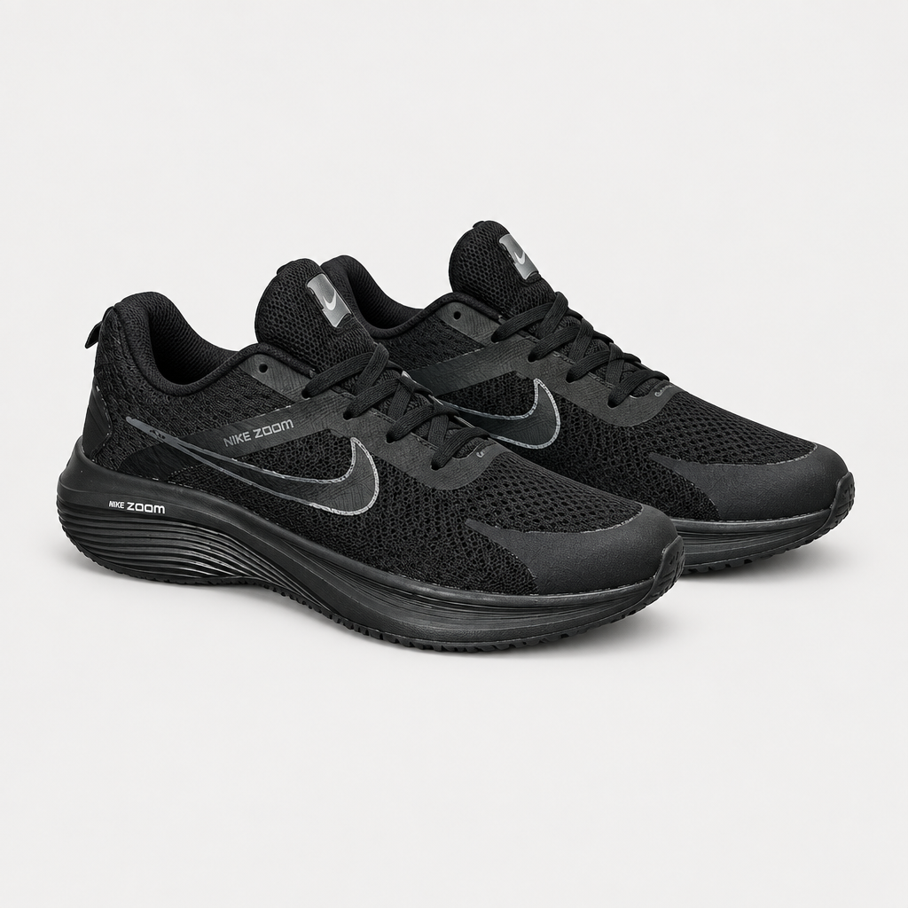 Pair of black mesh running sneakers with gray side detailing and black soles