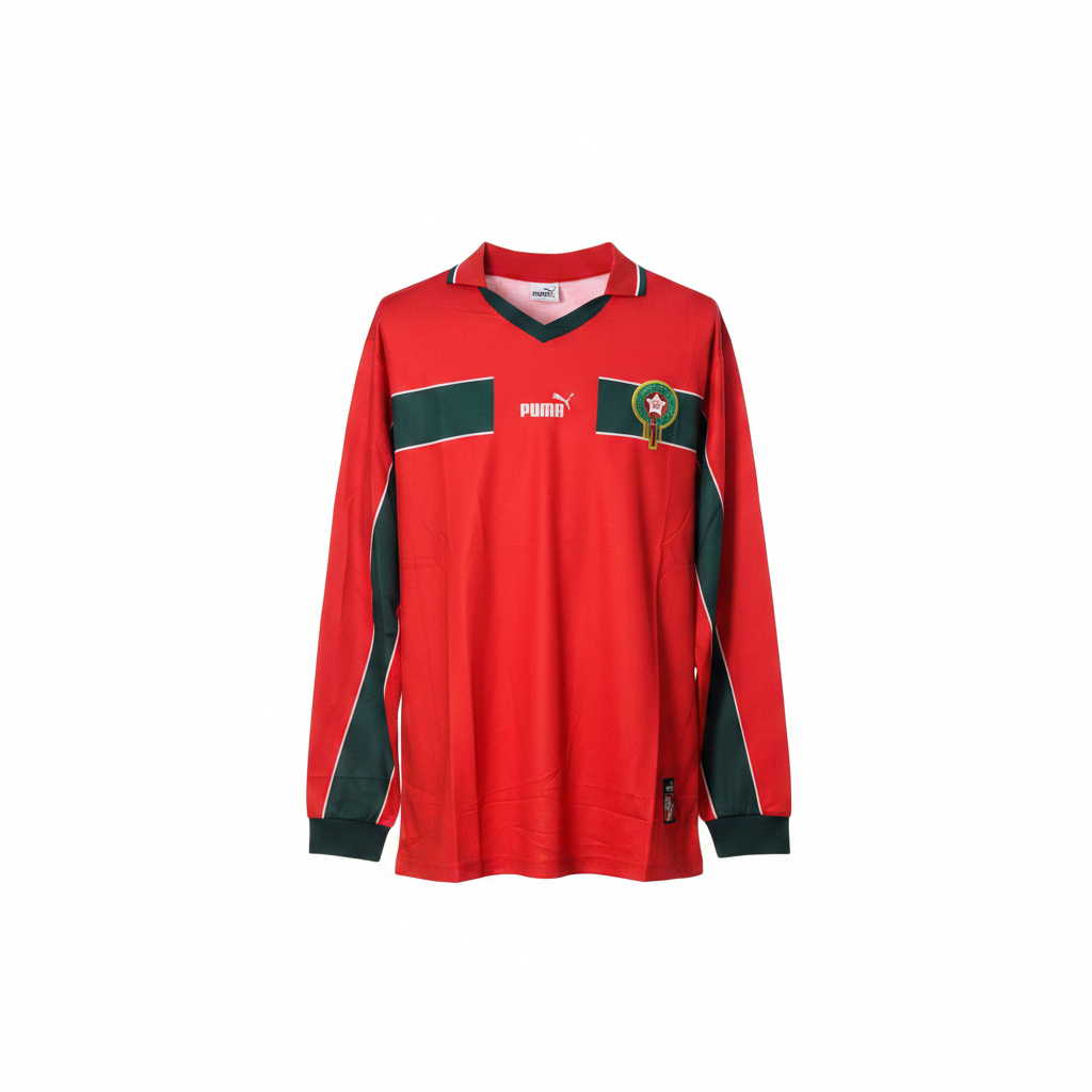 Red long-sleeve retro football jersey with dark green chest band and V-neck collar, ghost mannequin front view