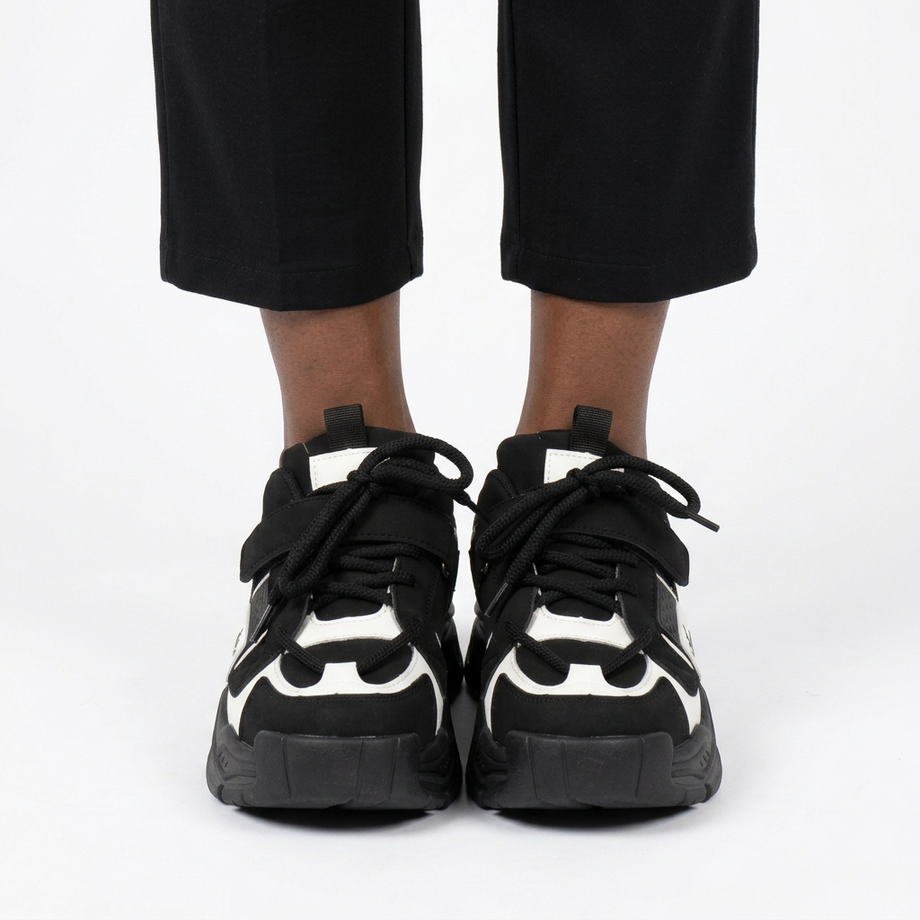 Adult woman wearing black and white trainers with feet together