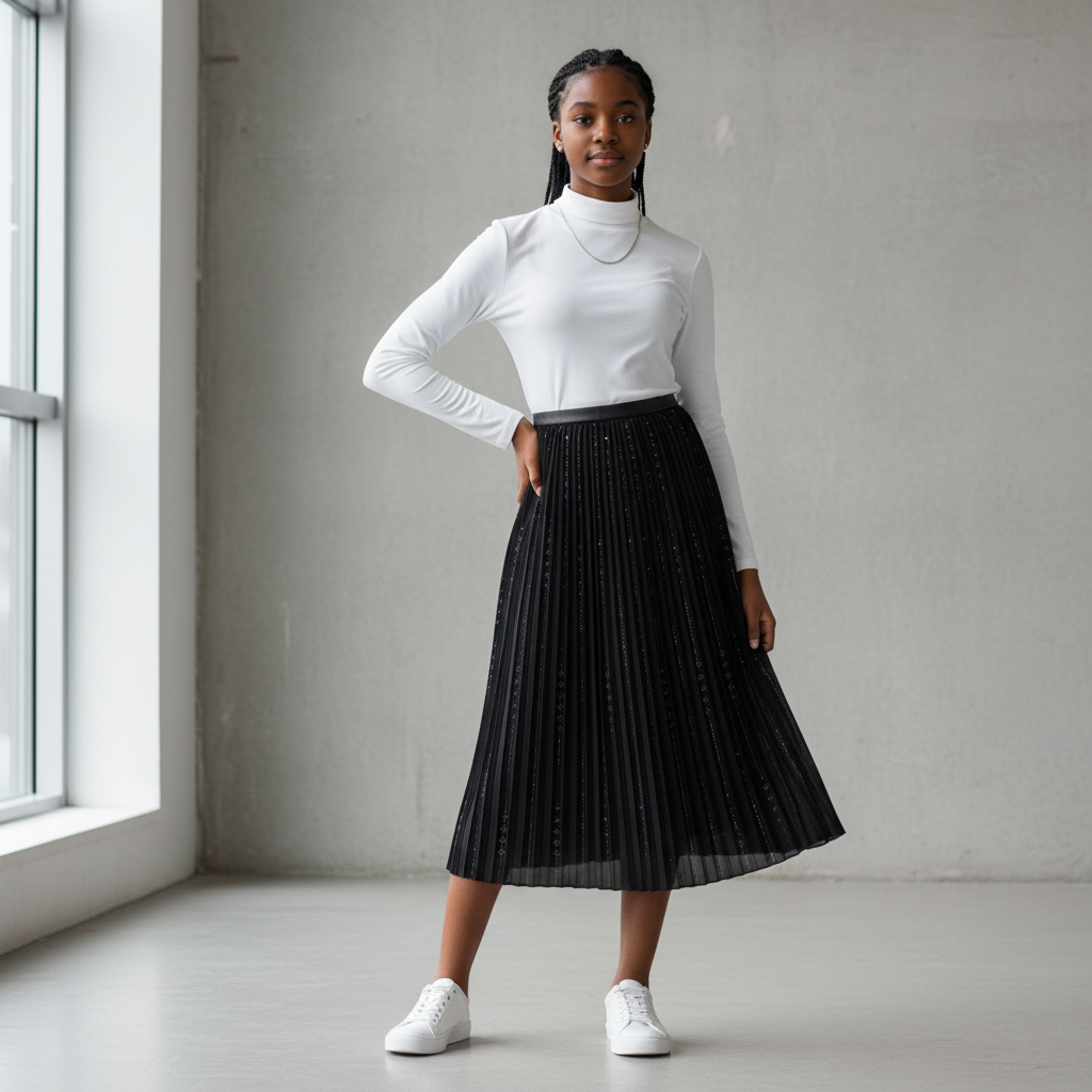 Nigerian teenage girl wearing black pleated glitter midi skirt