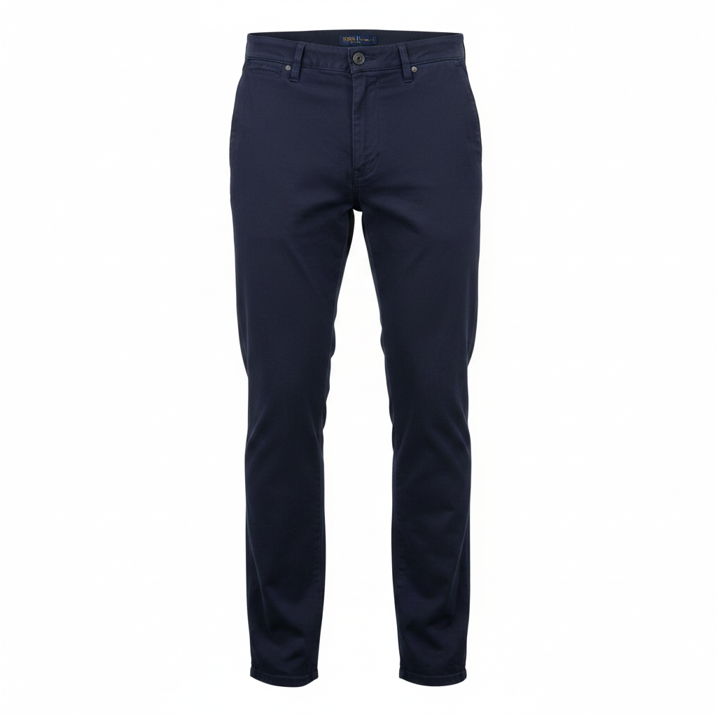 Men's navy blue chinos trousers ghost mannequin front view