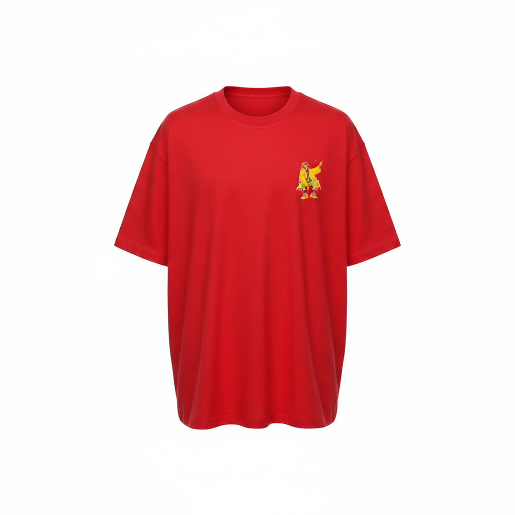 Unisex red pop-art streetwear character graphic tee – ghost mannequin front view