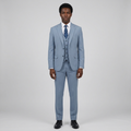 Full-body Black adult model wearing a light blue three-piece suit