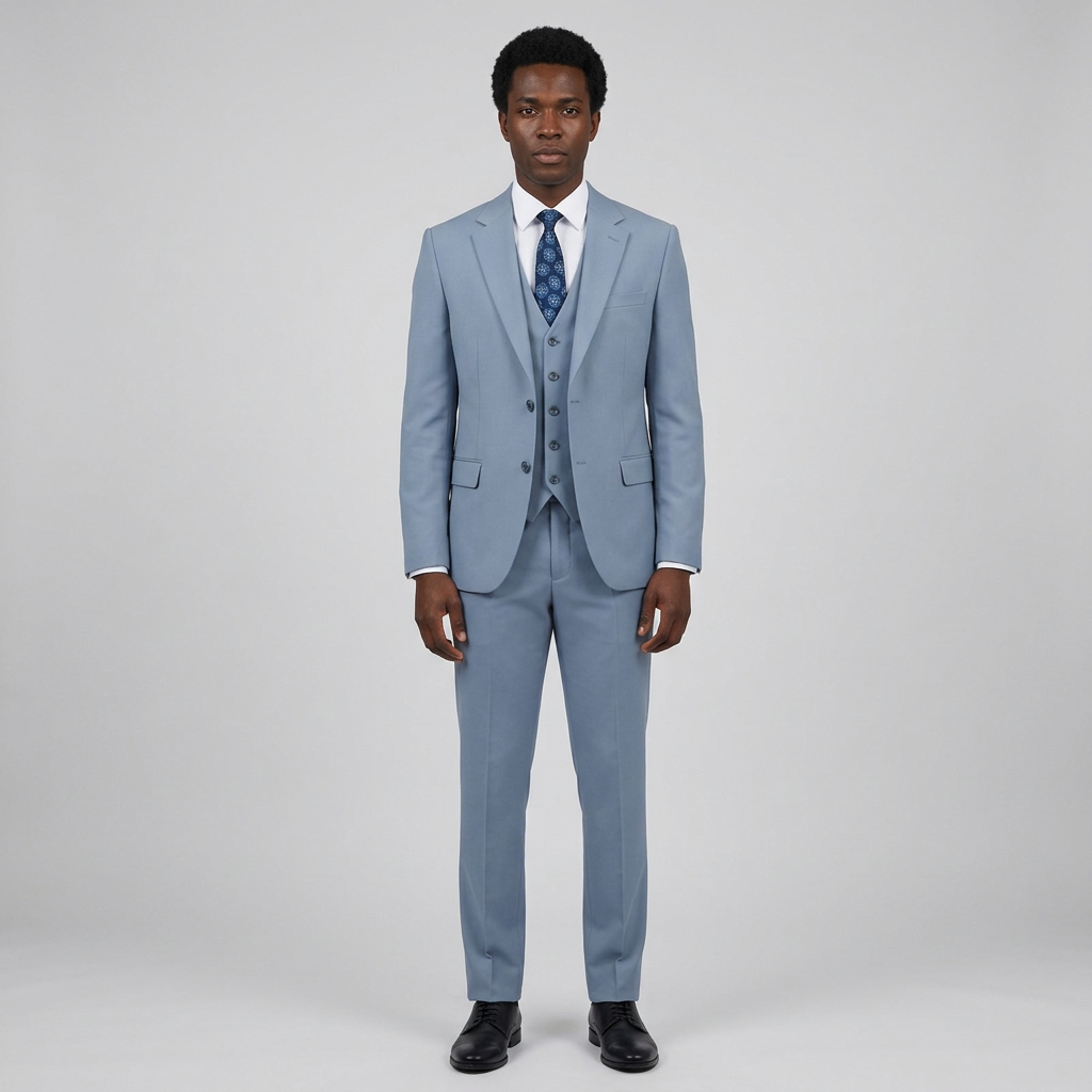 Full-body Black adult model wearing a light blue three-piece suit