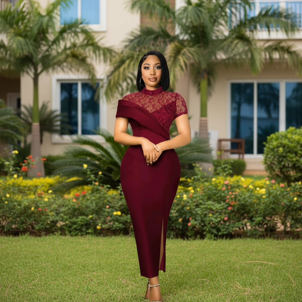 Nigerian female model wearing women's burgundy lace yoke mock neck side slit bodycon midi dress