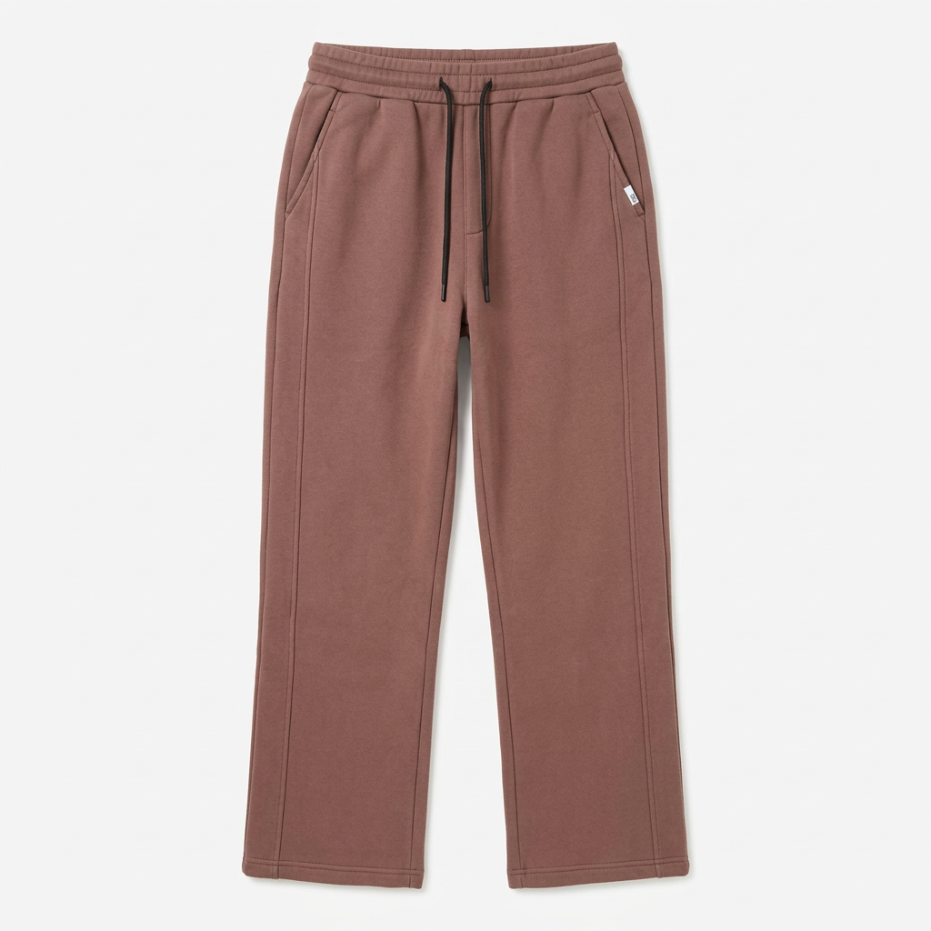 Rose-brown seam-detail joggers with black drawstrings, generated ghost mannequin view