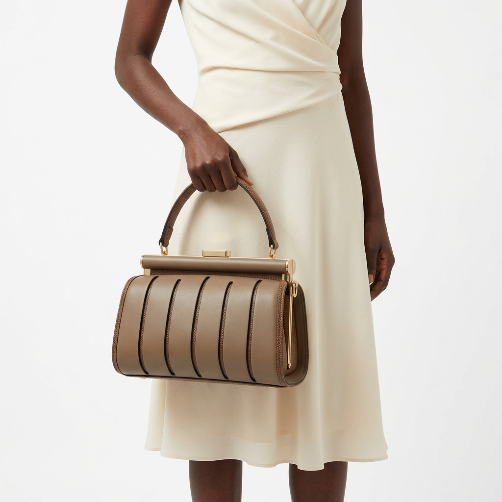 Nigerian woman holding taupe structured top-handle handbag in a white studio