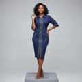 Navy Blue Rhinestone Zip-Front Midi Dress - Model Front