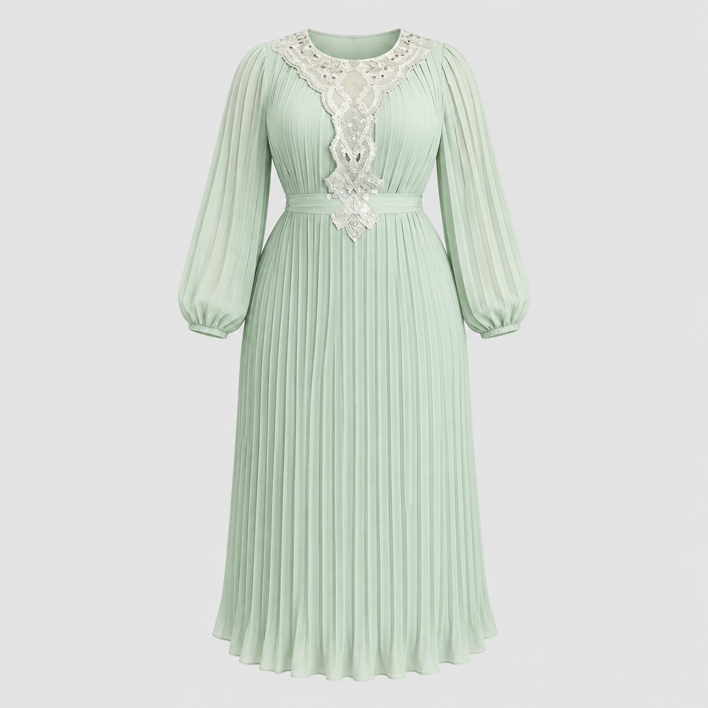 Mint green pleated midi dress with ornate lace detail