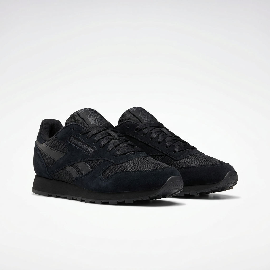Pair of all-black mesh-panel lace-up sneakers on white