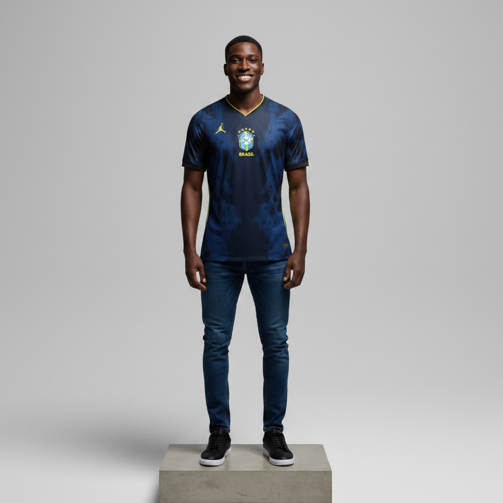 Nigerian male model wearing navy blue lightning graphic away football jersey on concrete plinth