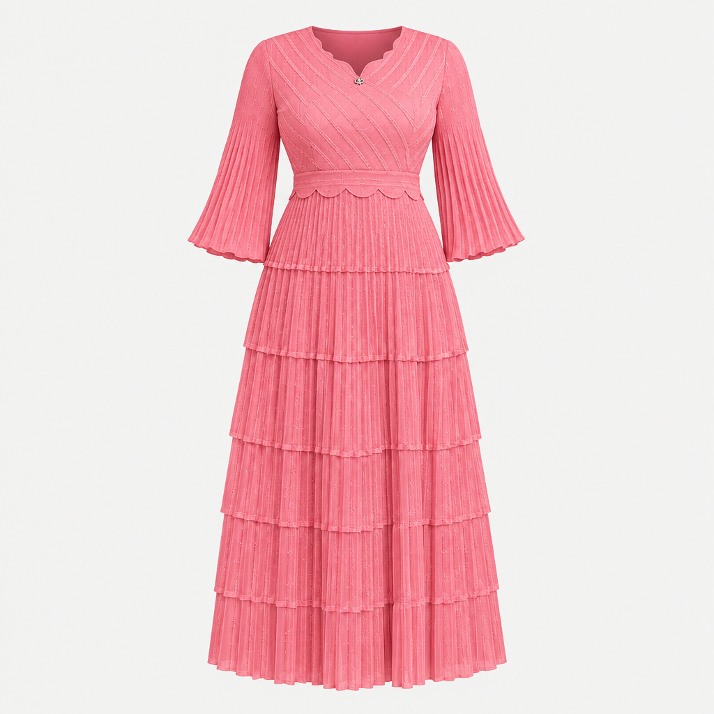 Ghost mannequin view of a pink tiered pleated gown with bell sleeves and a scalloped neckline
